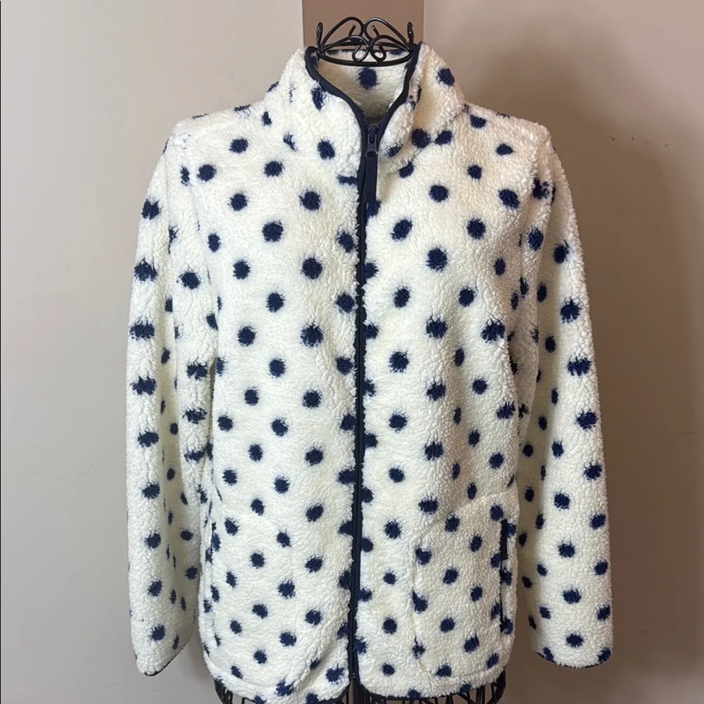 T by Talbots White with Blue Polka Dots Cozy Zippered Jacket - Picture 2 of 10